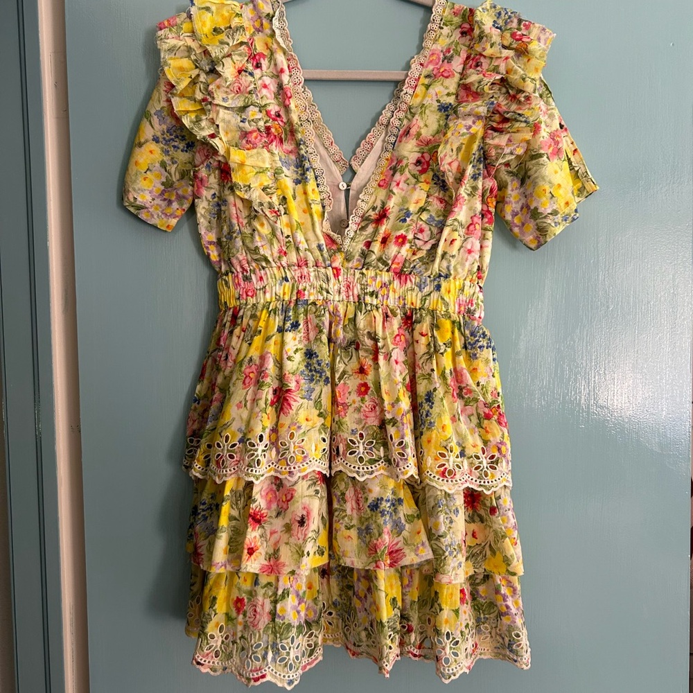 LoveShackFancy Aldina Tiered Yellow Floral Broderie Mini Dress M - Picture 9 of 10